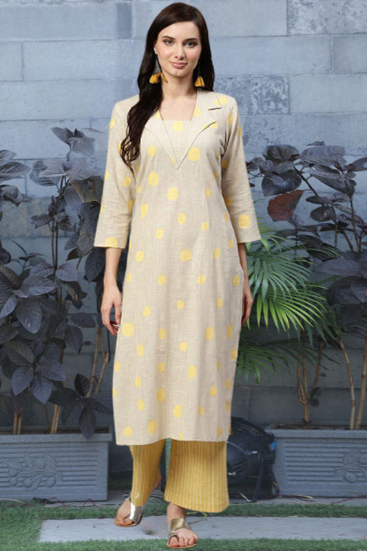   Casual Wear Cotton Fabric Dark Beige Color Printed Trendy Kurta And Palazzo Set 