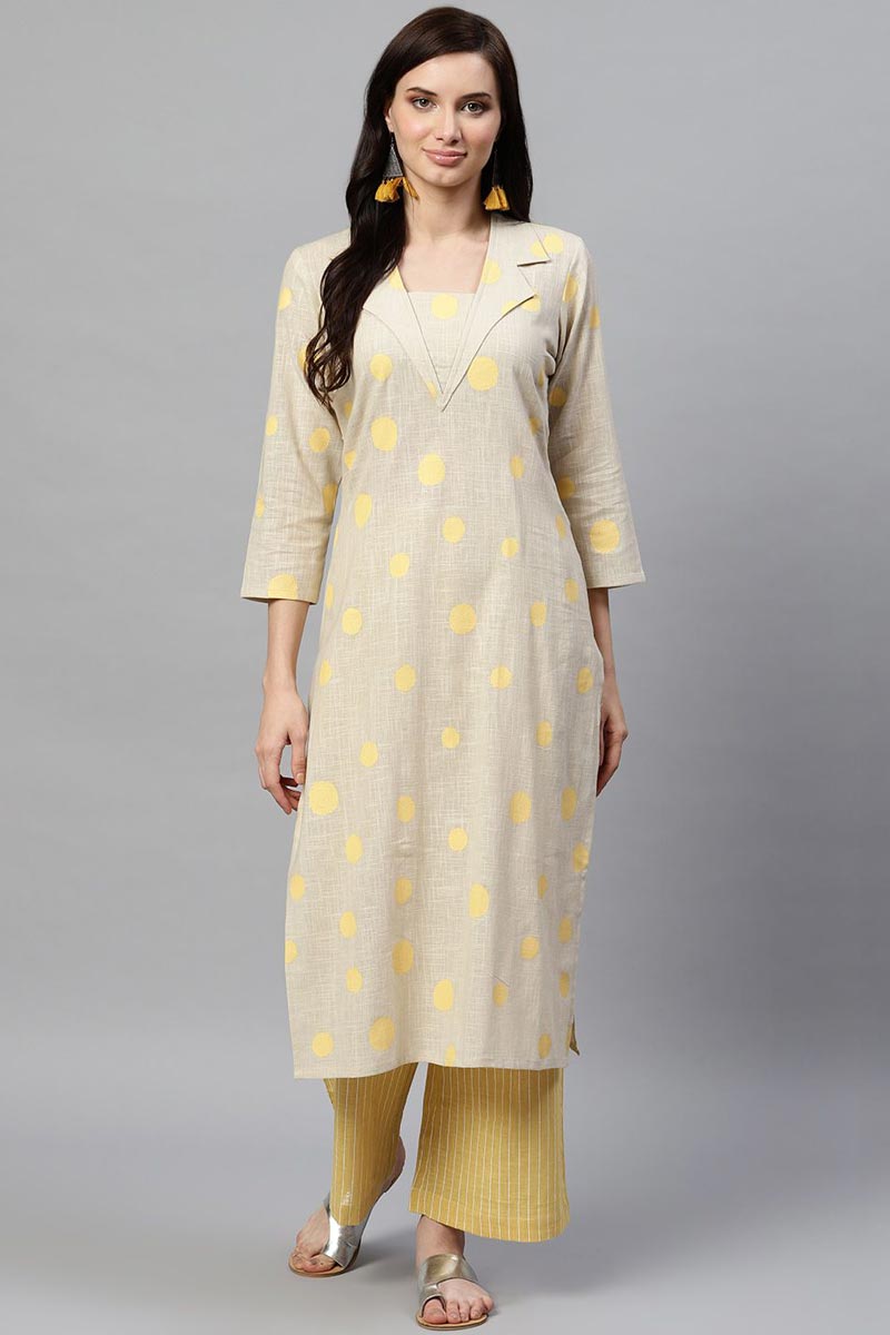   Casual Wear Cotton Fabric Dark Beige Color Printed Trendy Kurta And Palazzo Set 