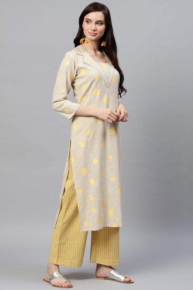   Casual Wear Cotton Fabric Dark Beige Color Printed Trendy Kurta And Palazzo Set 