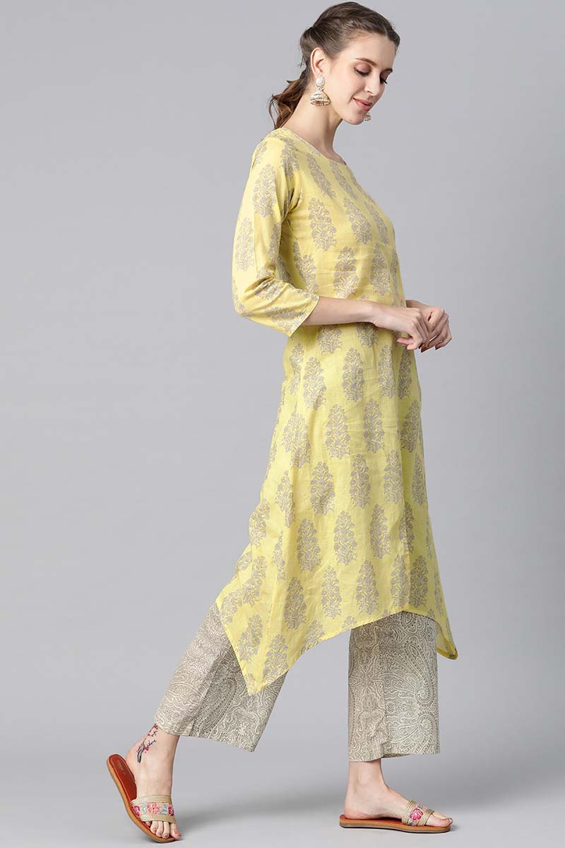   Yellow Color Function Wear Cotton Fabric Fancy Kurta And Palazzo Set 