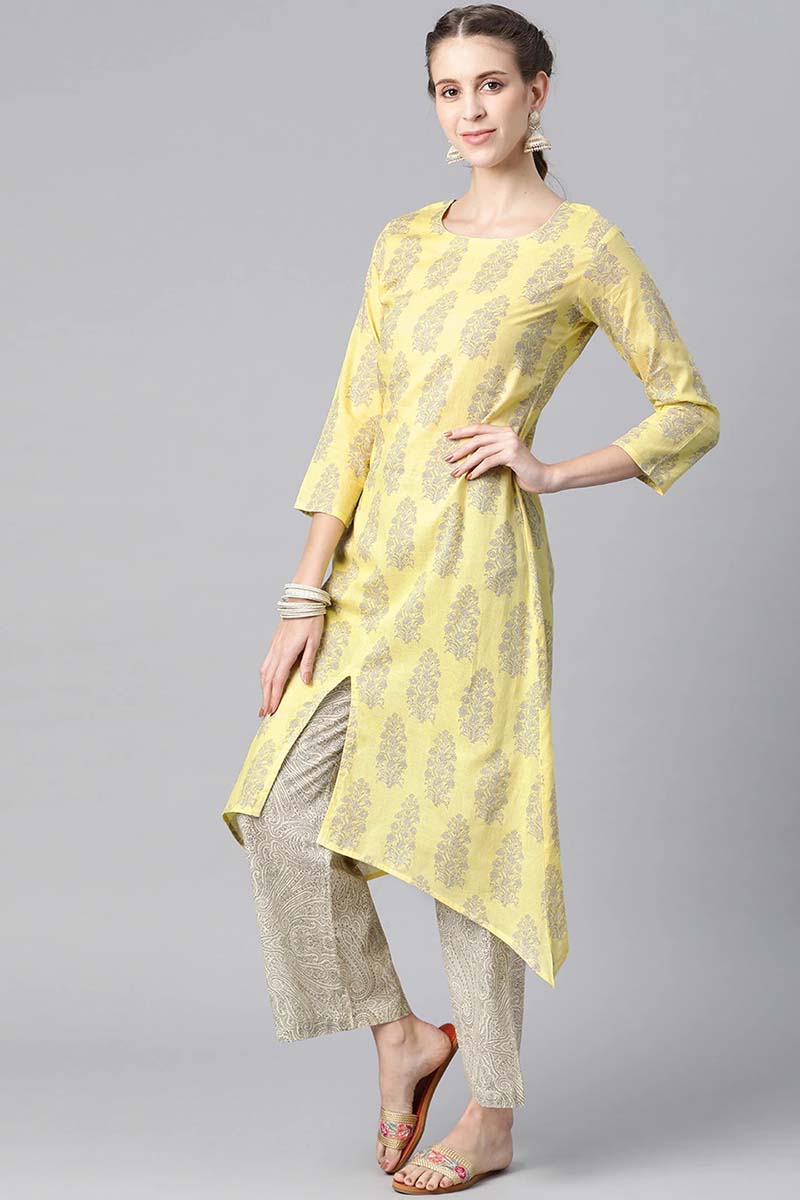   Yellow Color Function Wear Cotton Fabric Fancy Kurta And Palazzo Set 