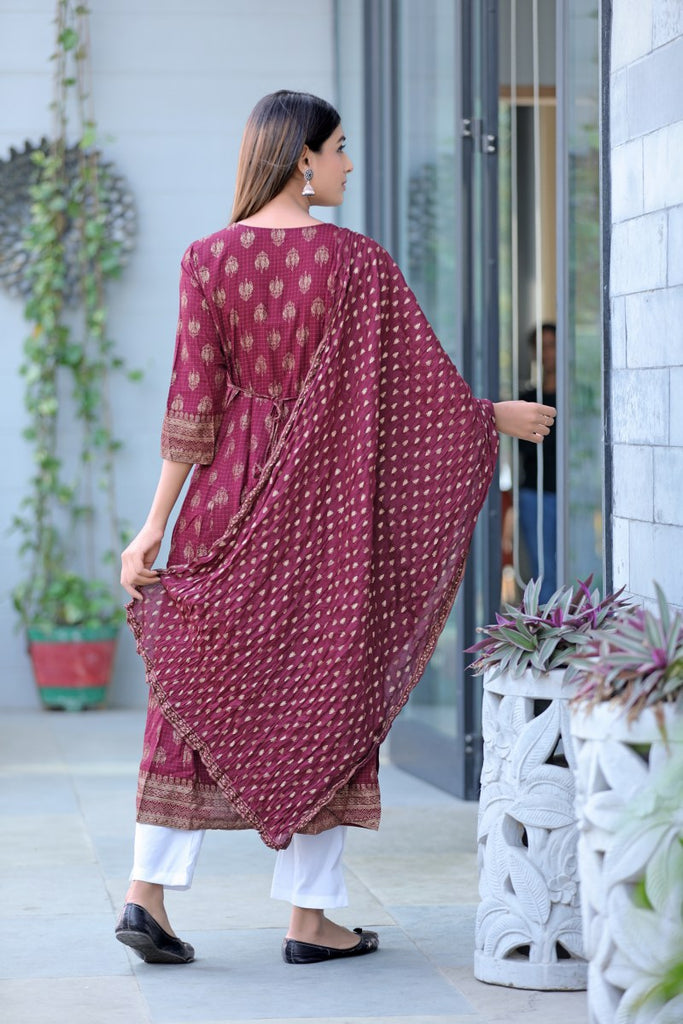   Maroon and Golden Color Cotton Fabric Printed Fancy Kurta and Palazzo Set 