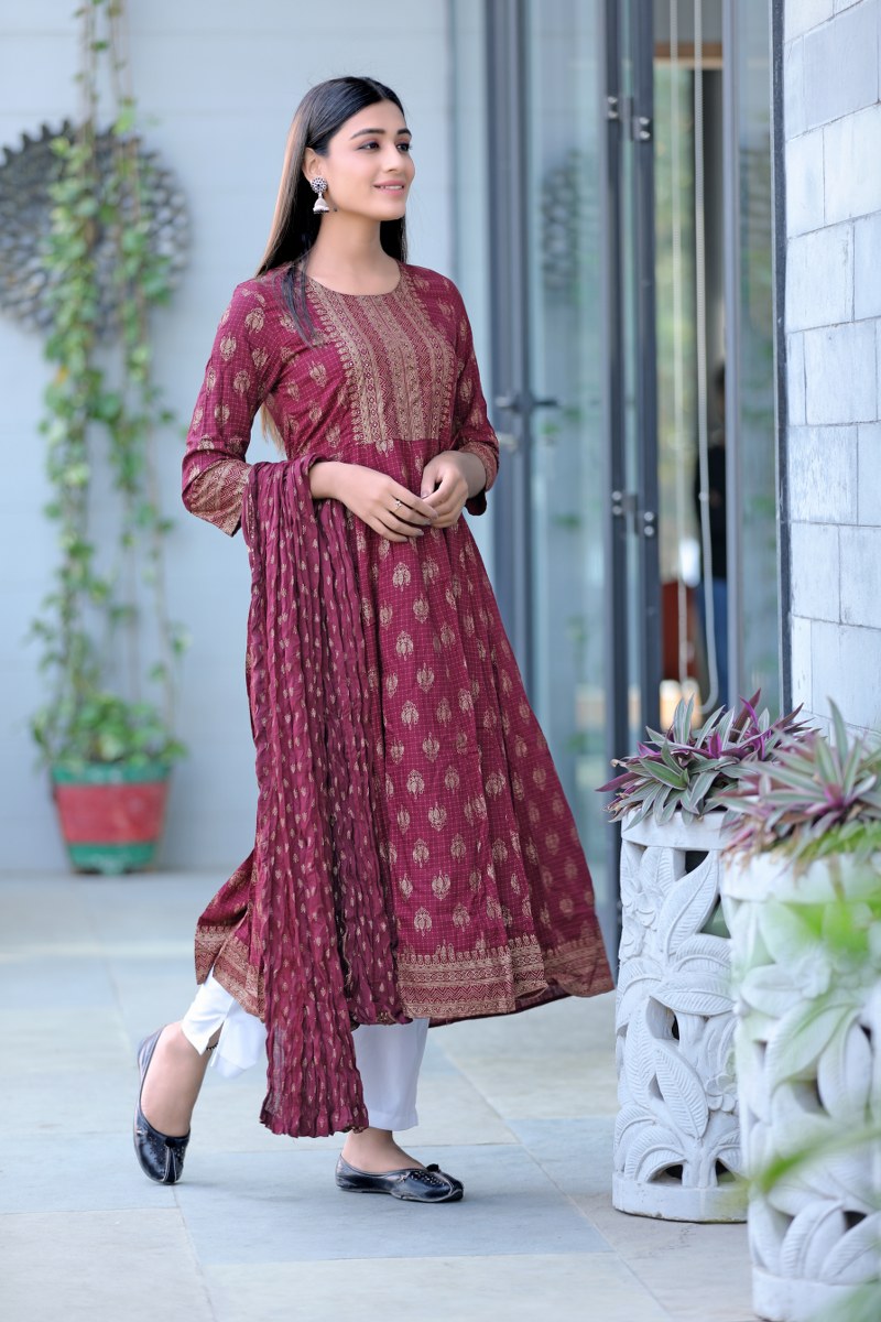   Maroon and Golden Color Cotton Fabric Printed Fancy Kurta and Palazzo Set 