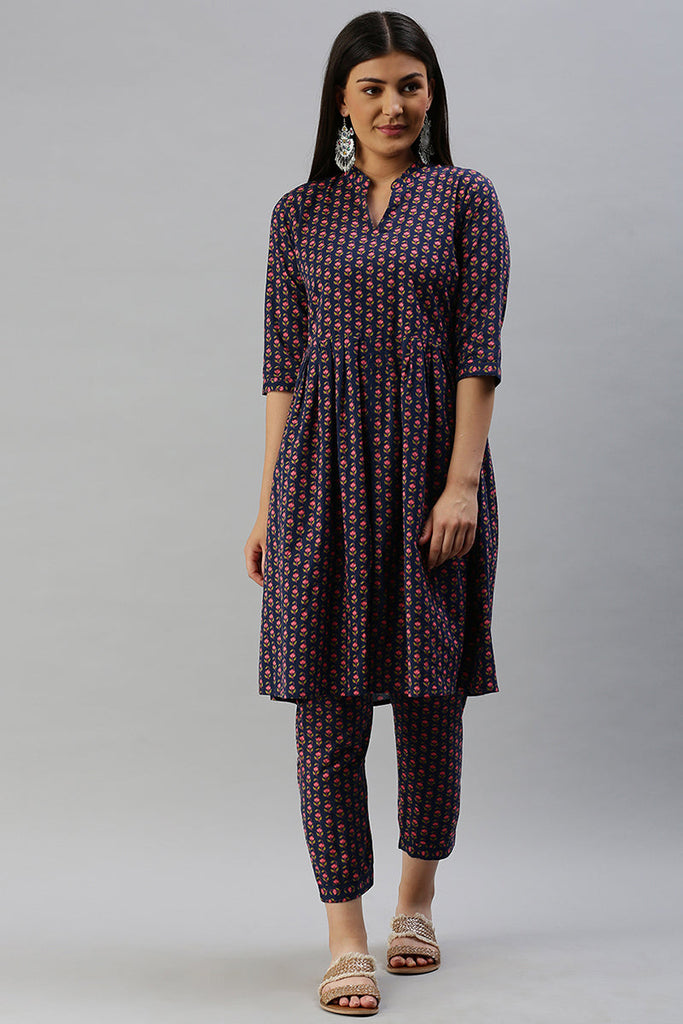   Cotton Navy Blue Floral Printed A Line Kurta Palazzo Set 