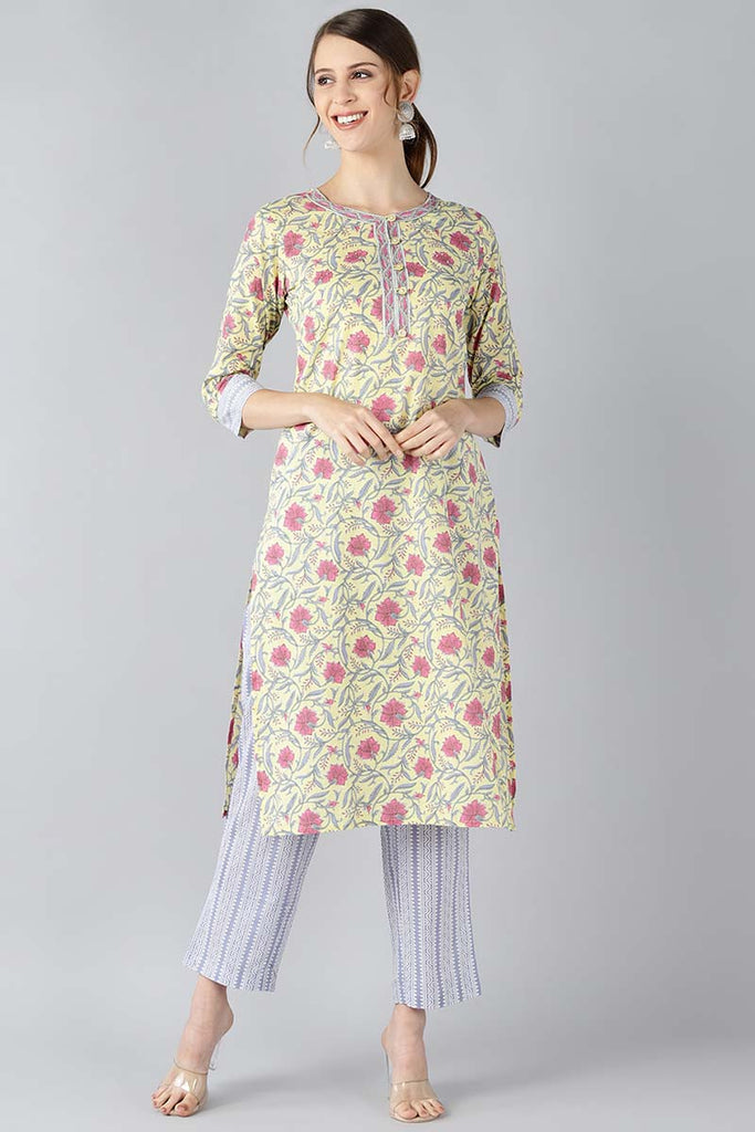   Cotton Yellow Ethnic Motifs Printed Straight Kurta Pant Set 