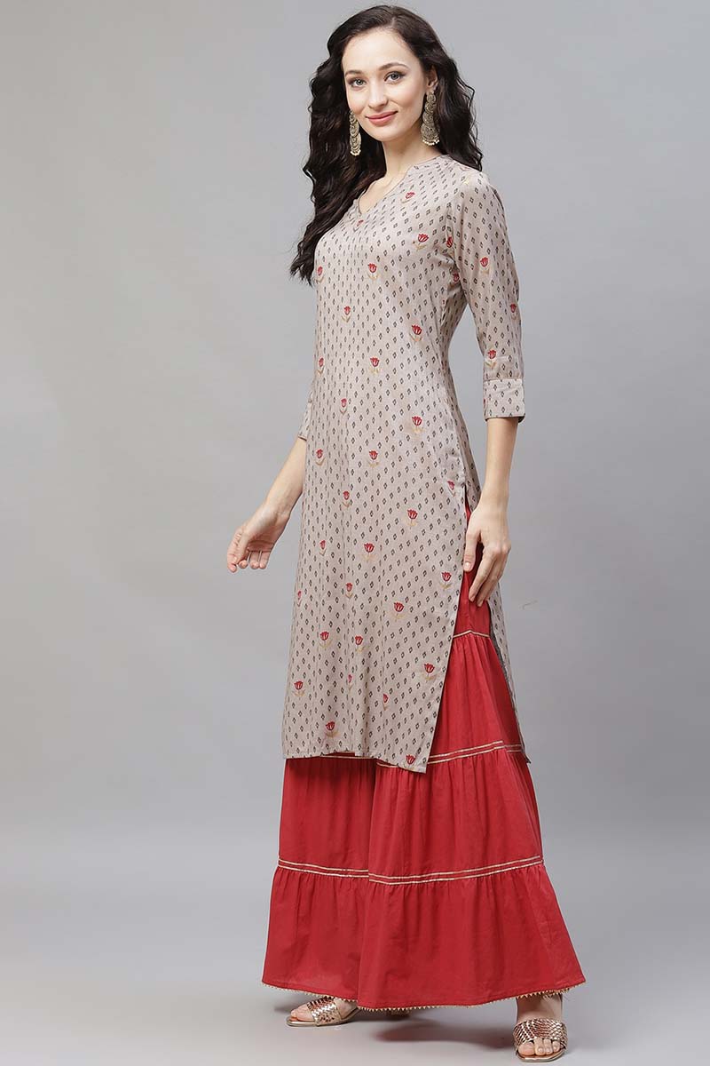  Women Grey Floral Regular Pure Cotton Kurta with Palazzos 