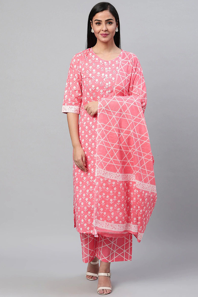  Women Pink White Printed Kurta with Palazzos Dupatta