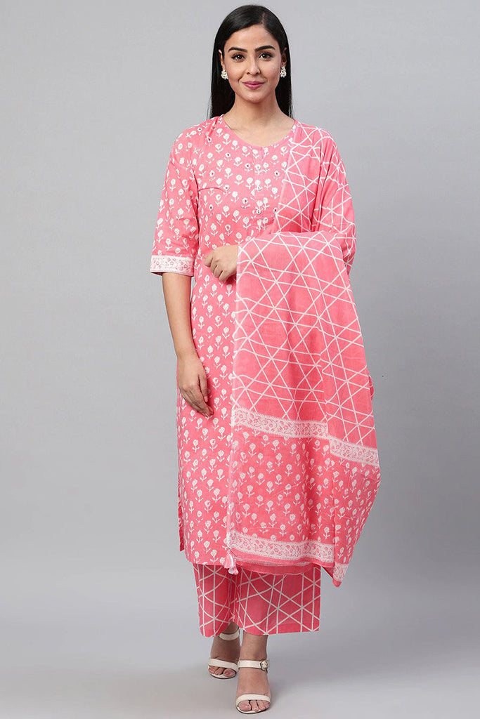  Women Pink White Printed Kurta with Palazzos Dupatta