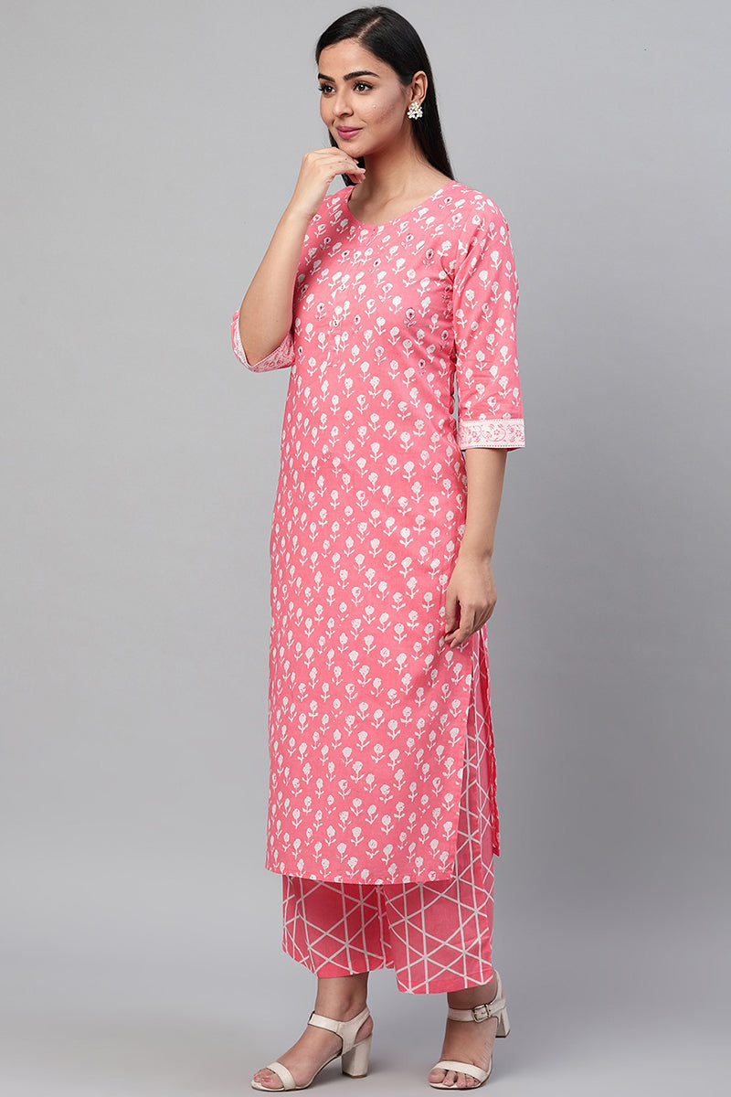  Women Pink White Printed Kurta with Palazzos Dupatta