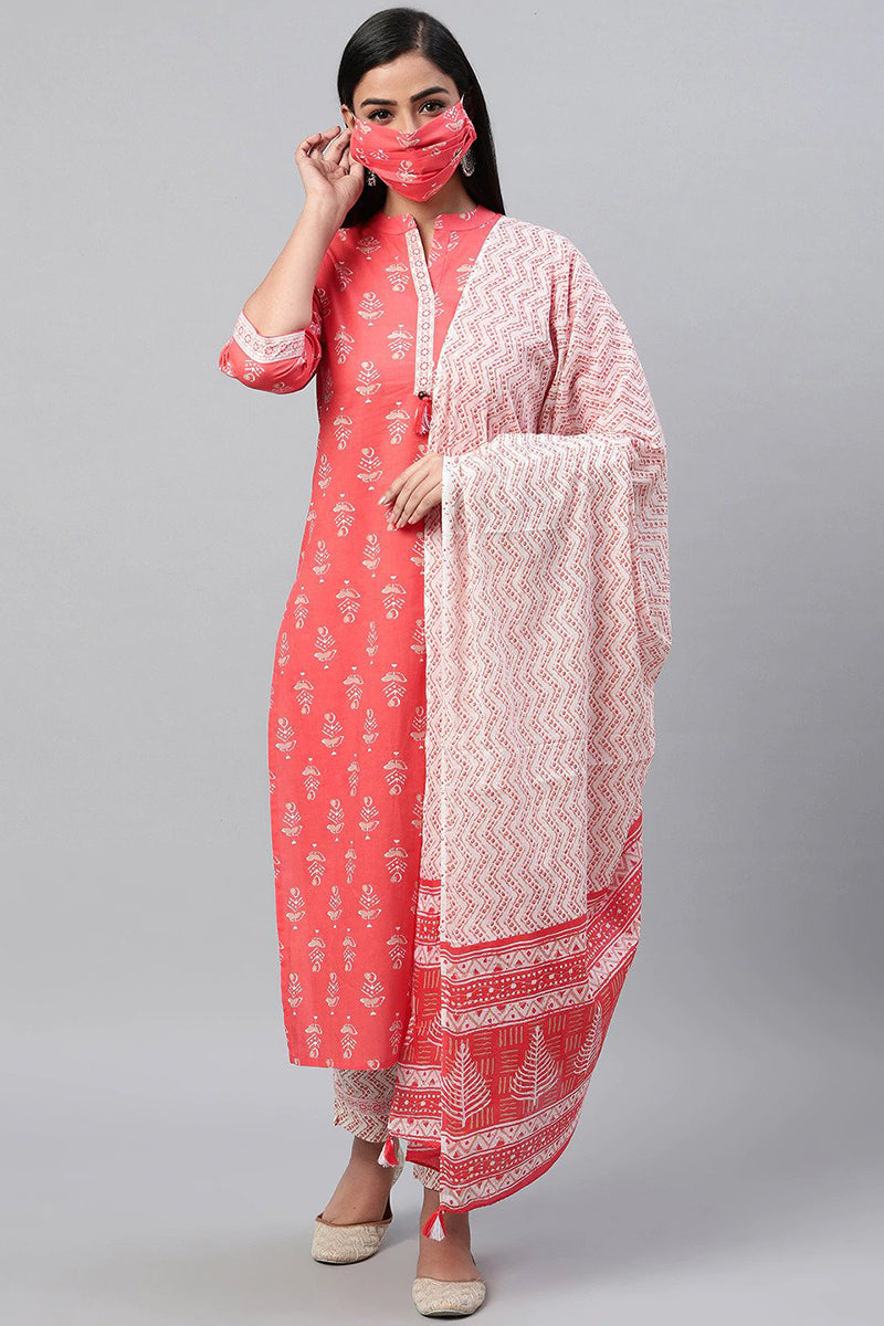  Women Coral Orange White Printed Kurta with Trousers Dupatta 