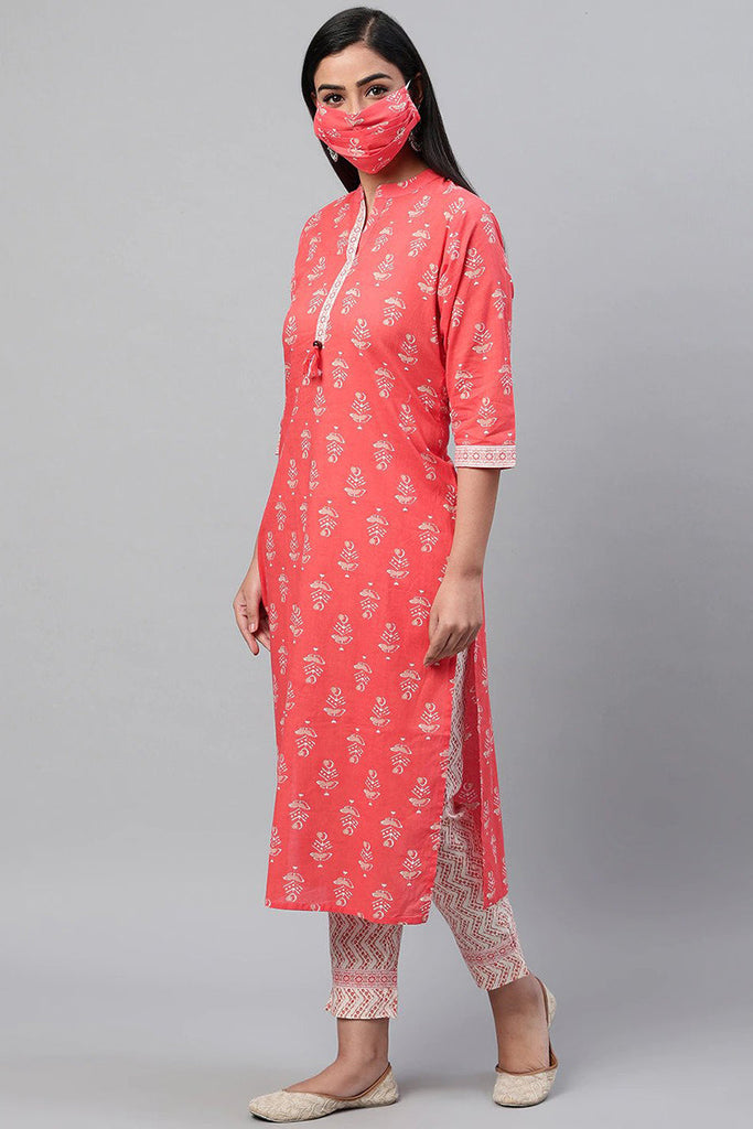  Women Coral Orange White Printed Kurta with Trousers Dupatta 