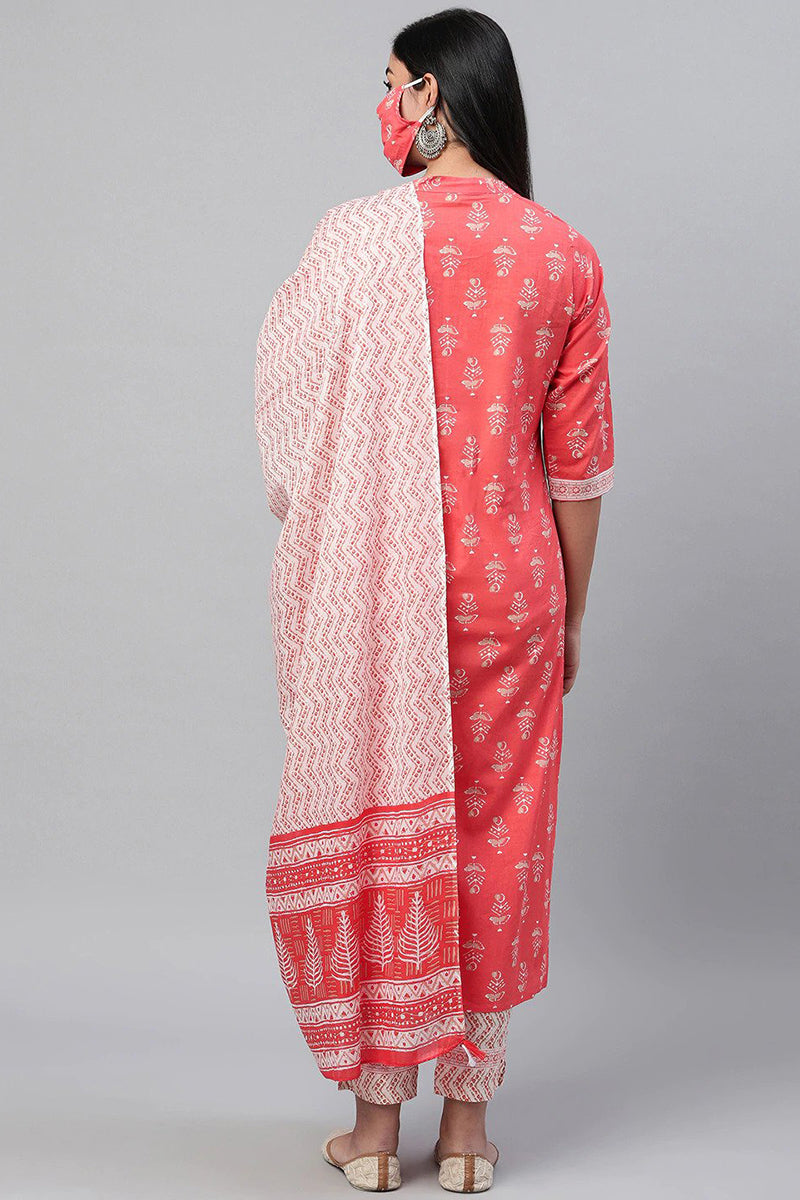  Women Coral Orange White Printed Kurta with Trousers Dupatta 