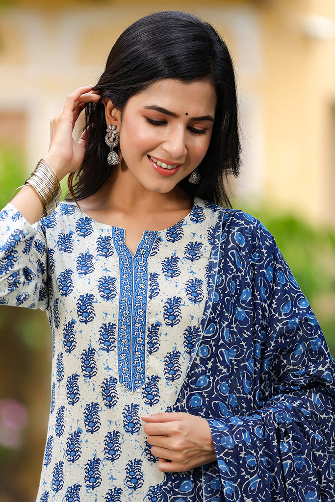  Women Blue Color Cotton Fabric Printed Fancy Kurta And Palazzo Dupatta Set