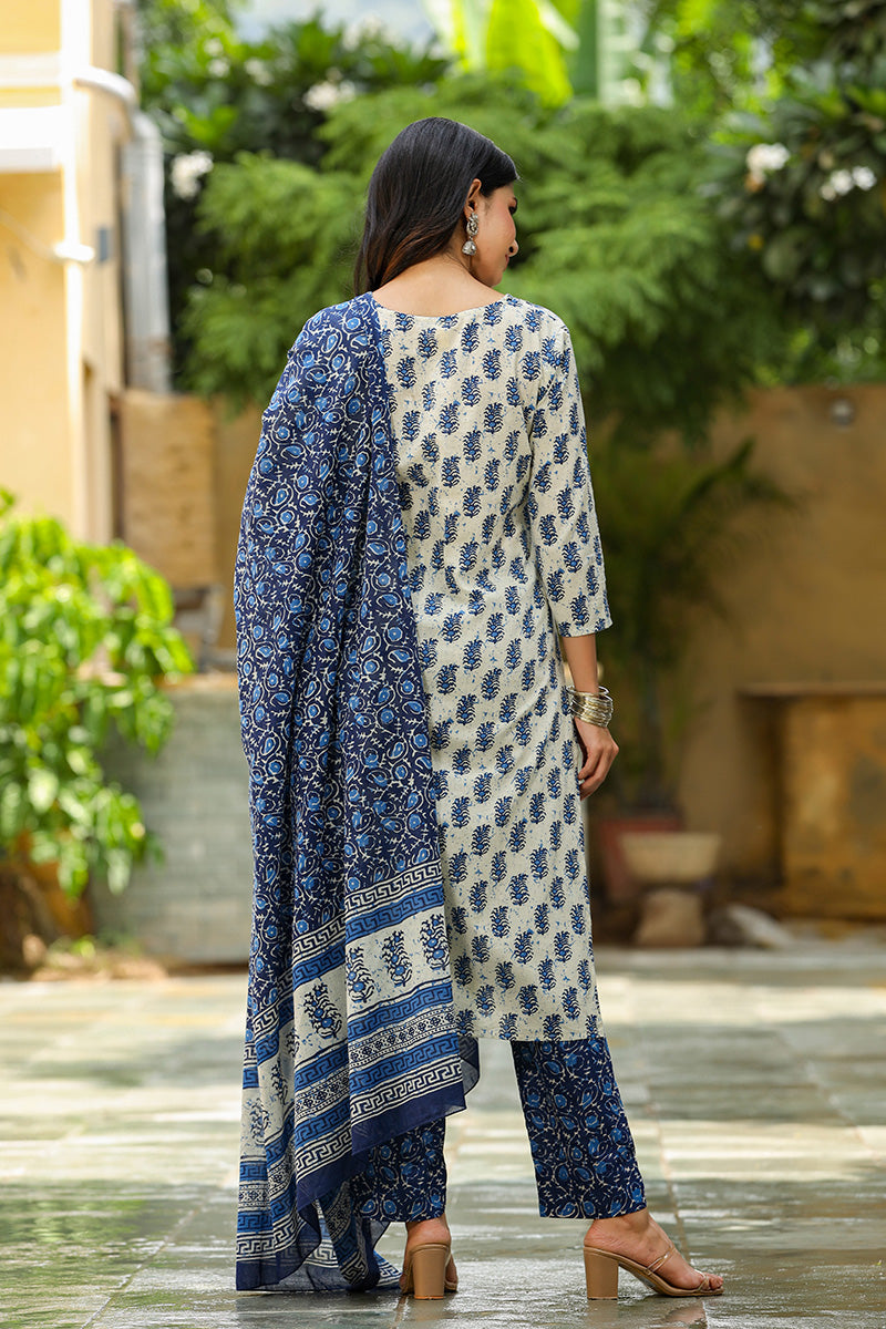  Women Blue Color Cotton Fabric Printed Fancy Kurta And Palazzo Dupatta Set