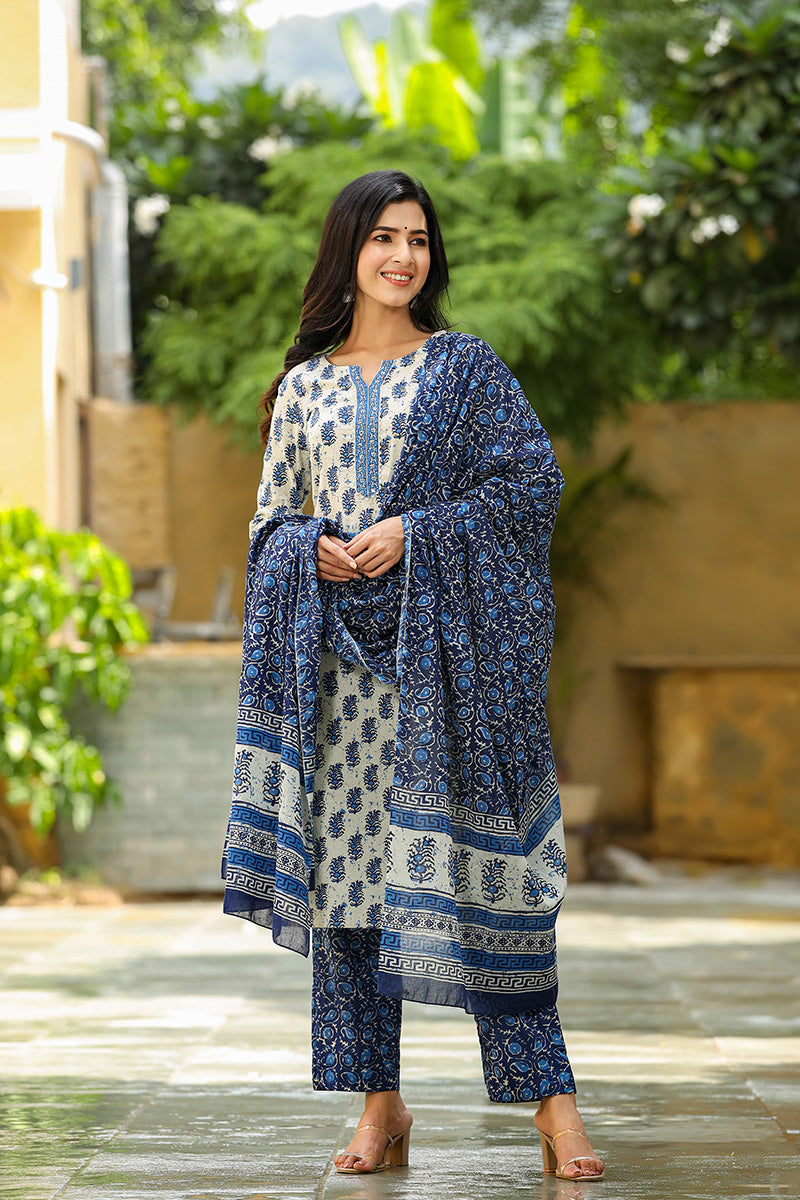  Women Blue Color Cotton Fabric Printed Fancy Kurta And Palazzo Dupatta Set