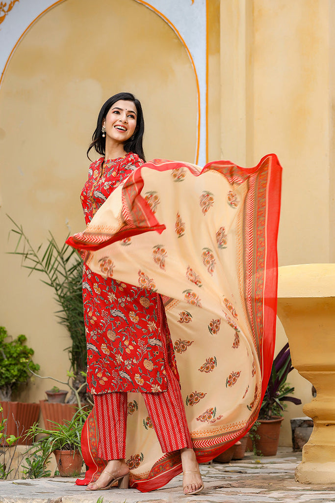   Red Color Cotton Fabric Printed Fancy Kurta And Palazzo Dupatta Set