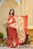   Red Color Cotton Fabric Printed Fancy Kurta And Palazzo Dupatta Set