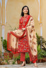   Red Color Cotton Fabric Printed Fancy Kurta And Palazzo Dupatta Set