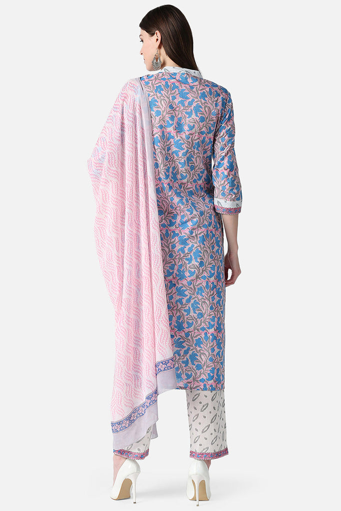   Cotton Pink Ethnic Motifs Printed Straight Kurta Pant Dupatta Set