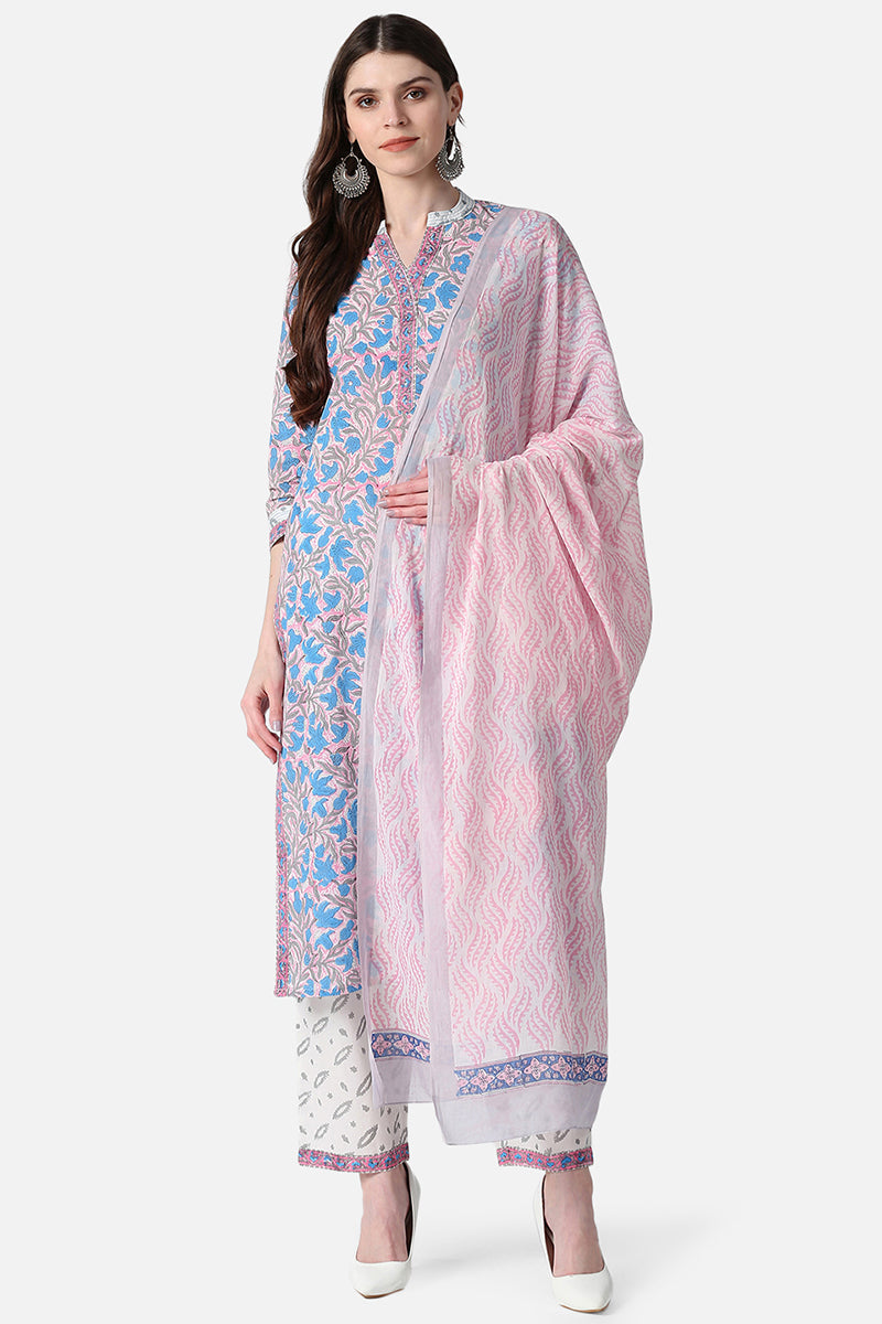   Cotton Pink Ethnic Motifs Printed Straight Kurta Pant Dupatta Set