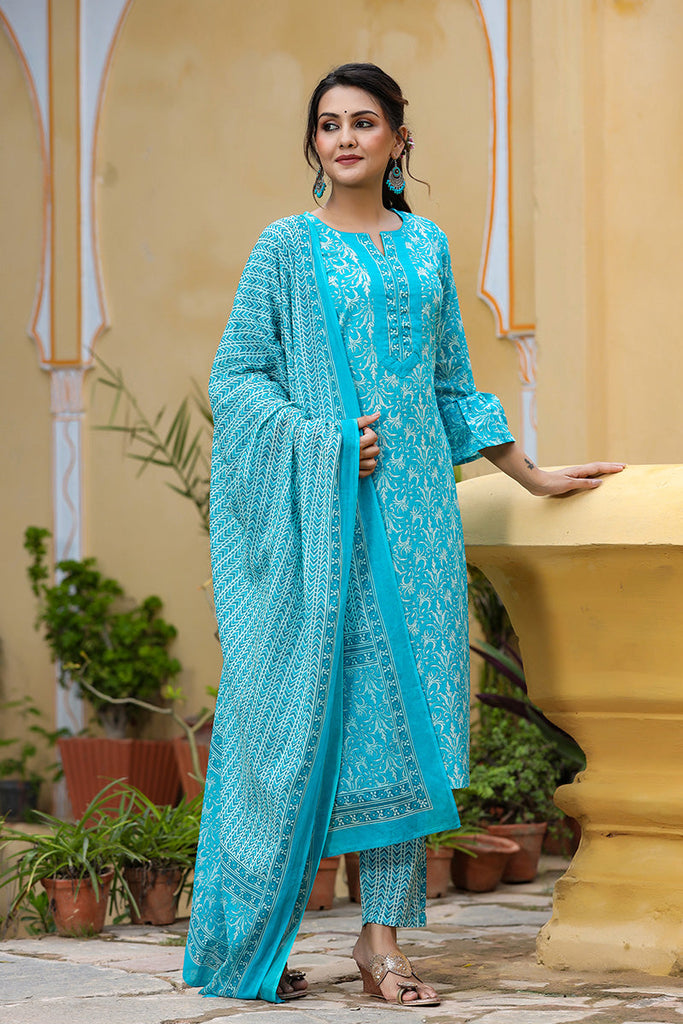  Women Blue & White Printed Pure Cotton Kurta with Trousers