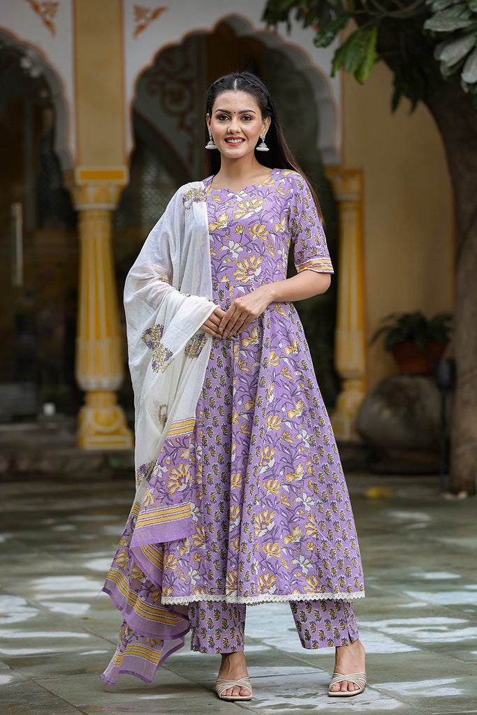  Women Cotton Purple Ethnic Motifs Printed Anarkali Kurta Pant Dupatta Set