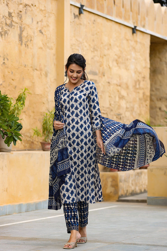   Cotton Off White Ethnic Motifs Printed Straight Kurta Palazzo Dupatta Set