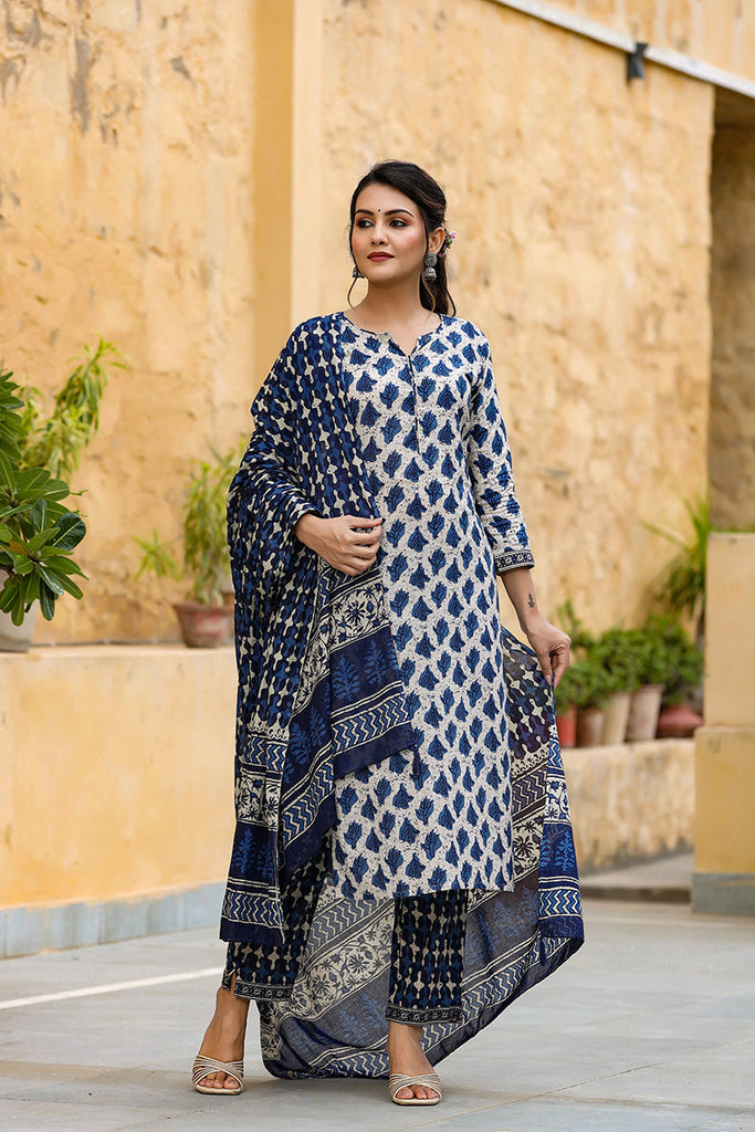   Cotton Off White Ethnic Motifs Printed Straight Kurta Palazzo Dupatta Set