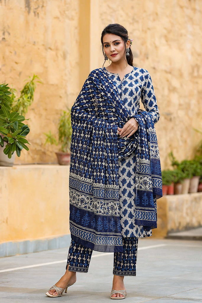   Cotton Off White Ethnic Motifs Printed Straight Kurta Palazzo Dupatta Set