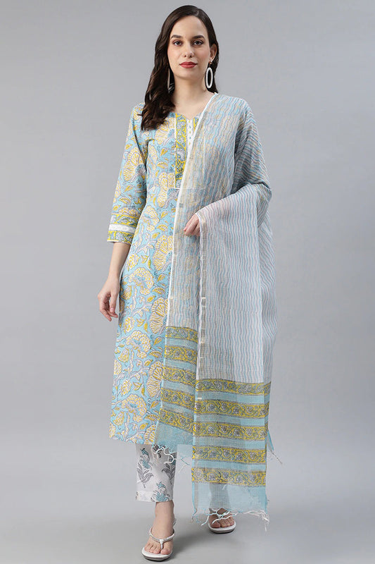   Cotton Turquoise Blue Ethnic Motif Printed Straight Kurta Palazzo Dupatta Set