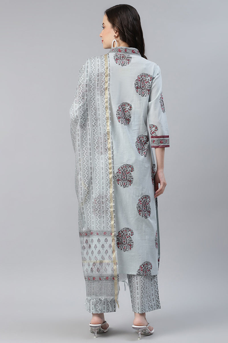   Cotton Grey Paisley Printed Straight Kurta Palazzo Dupatta Set 