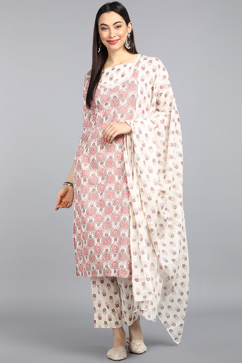   Cotton Off White Ethnic Motifs Printed Straight Kurta Palazzo Dupatta Set 