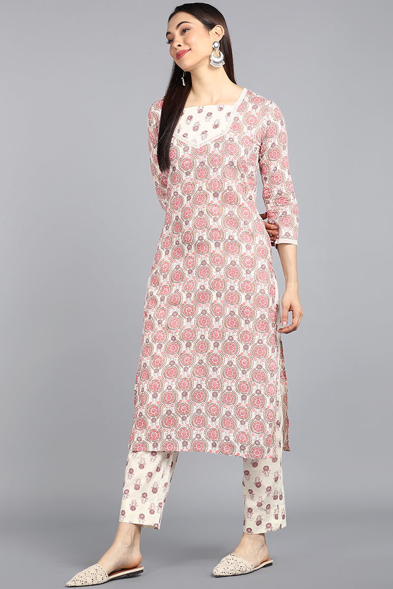   Cotton Off White Ethnic Motifs Printed Straight Kurta Palazzo Dupatta Set 