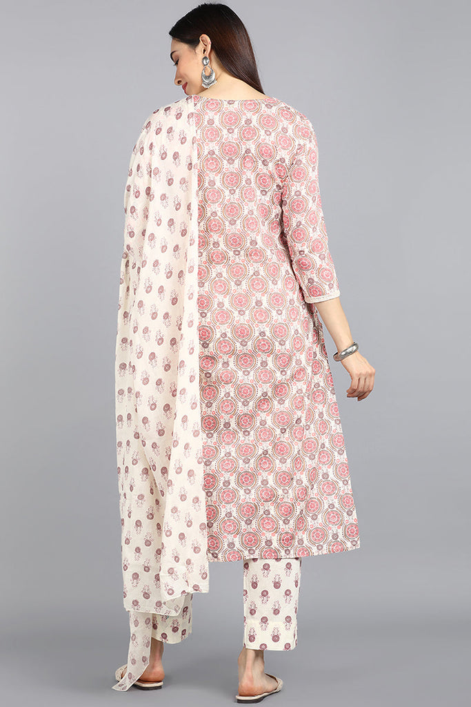   Cotton Off White Ethnic Motifs Printed Straight Kurta Palazzo Dupatta Set 