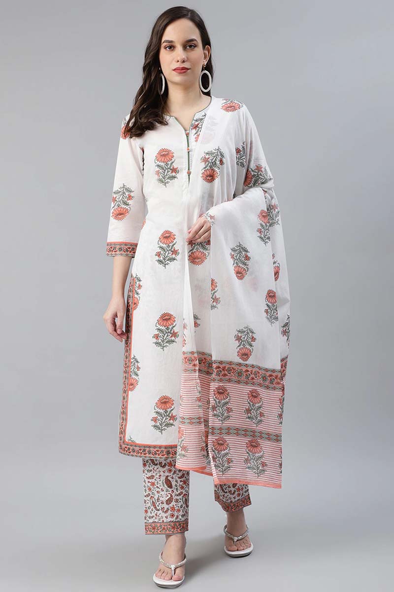  Women Cotton White Floral Printed Straight Kurta Palazzo Dupatta Set 