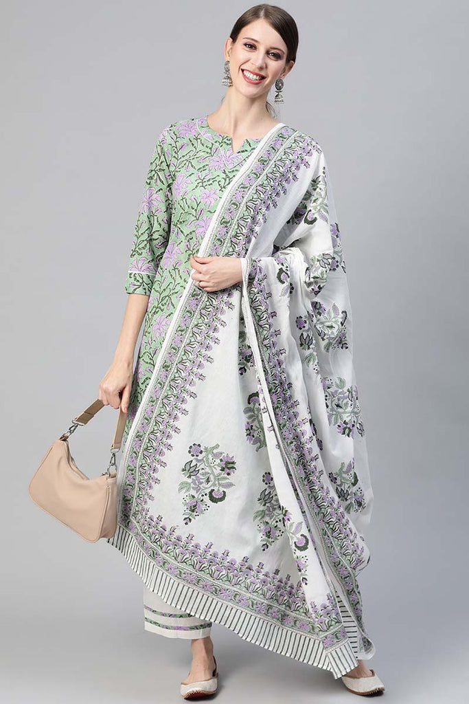  Women Cotton Green Ethnic Motifs Printed Straight Kurta Pant Dupatta Set 