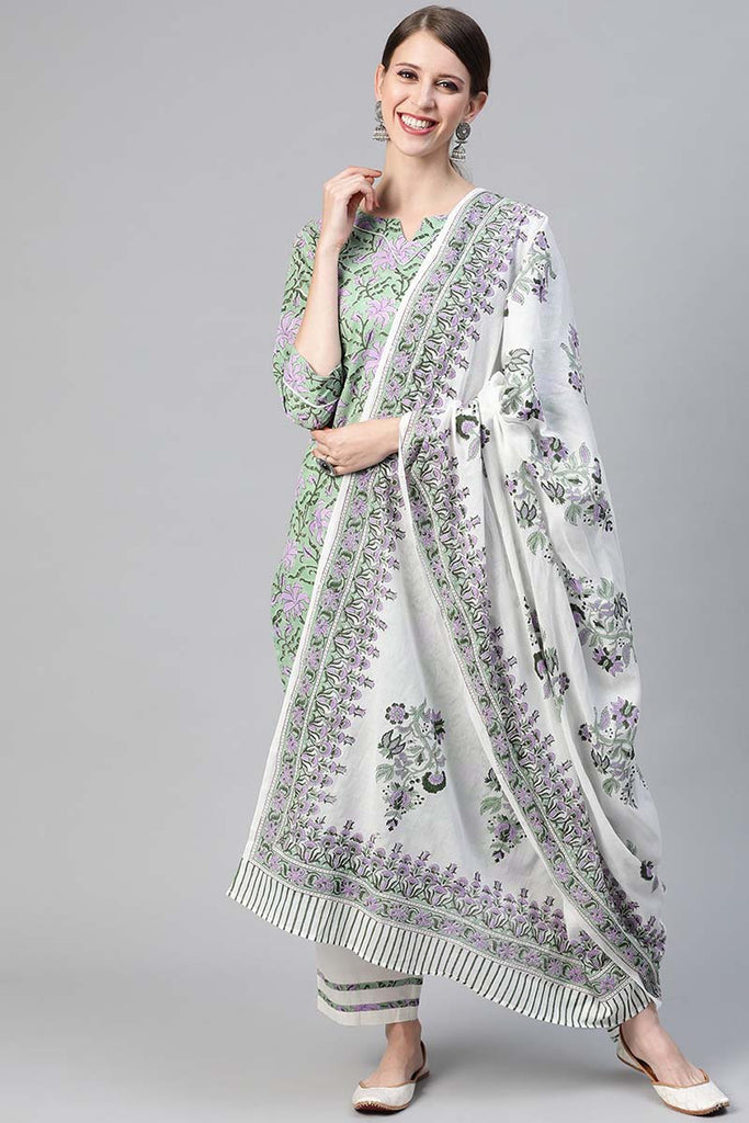  Women Cotton Green Ethnic Motifs Printed Straight Kurta Pant Dupatta Set 