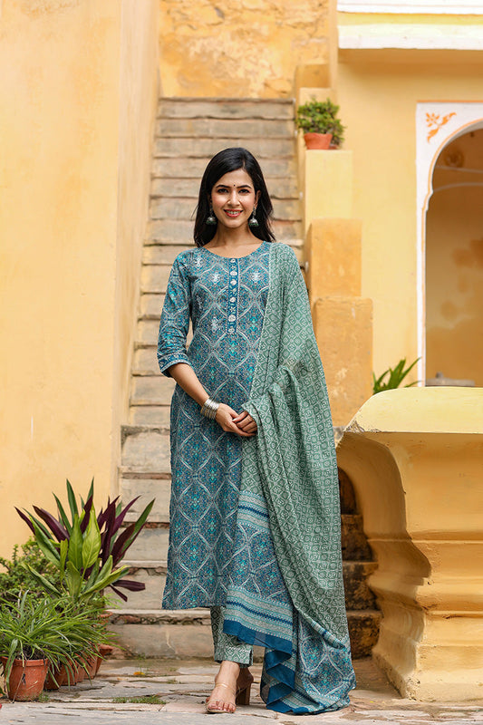  Women Cotton Green Ethnic Motifs Printed Straight Kurta Pant Dupatta Set 