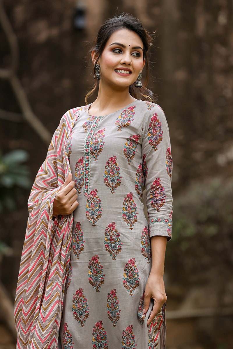  Women Cotton Grey Ethnic Motifs Printed Straight Kurta Trousers And Dupatta Set 