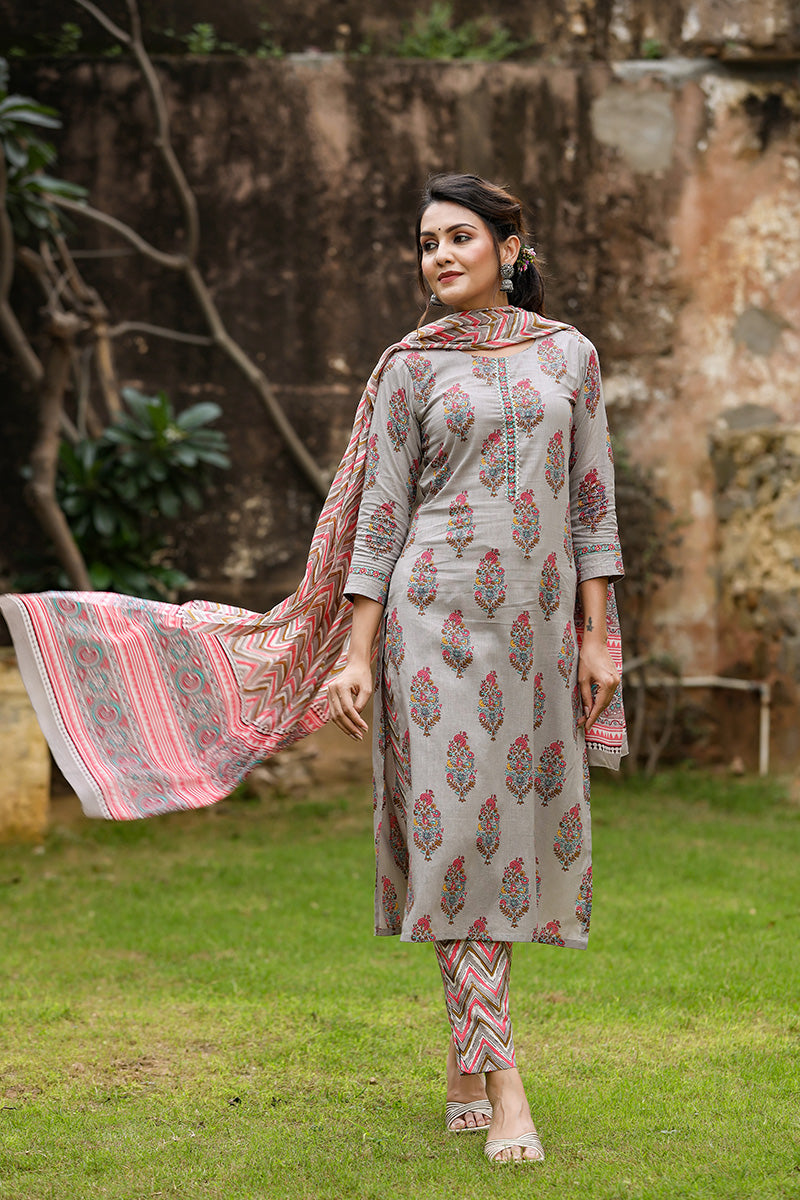  Women Cotton Grey Ethnic Motifs Printed Straight Kurta Trousers And Dupatta Set