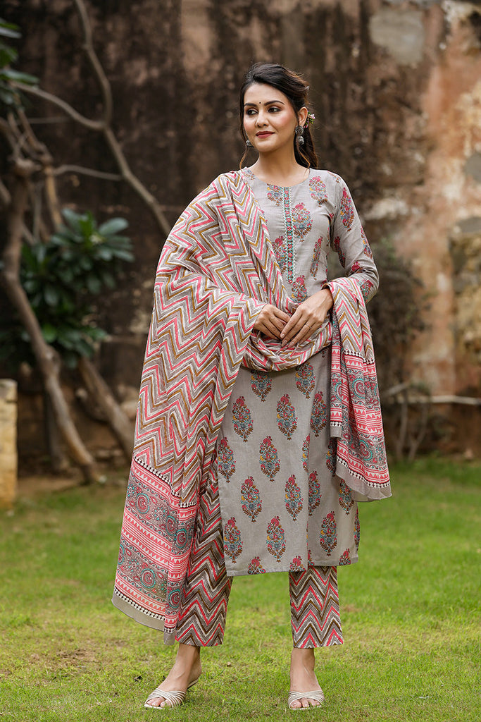  Women Cotton Grey Ethnic Motifs Printed Straight Kurta Trousers And Dupatta Set 