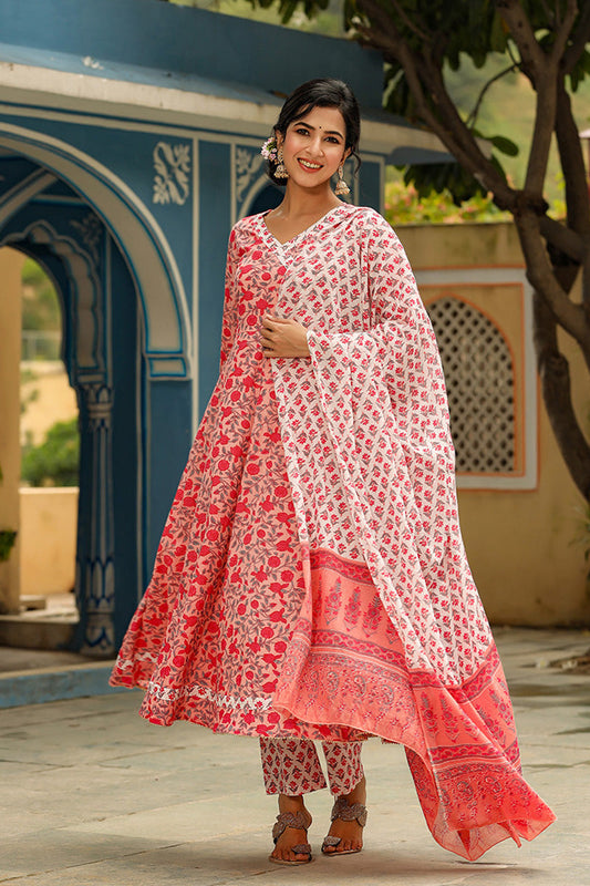  Women Cotton Pink Ethnic Motifs Printed Anarkali Kurta Trousers And Dupatta Set 