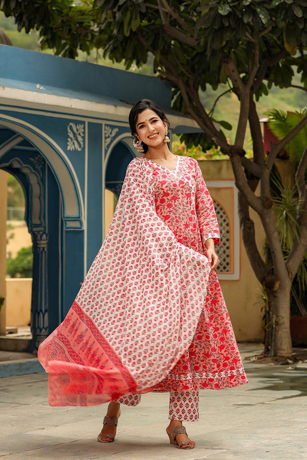  Women Cotton Pink Ethnic Motifs Printed Anarkali Kurta Trousers And Dupatta Set 