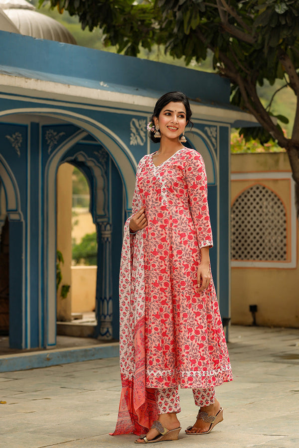  Women Cotton Pink Ethnic Motifs Printed Anarkali Kurta Trousers And Dupatta Set 