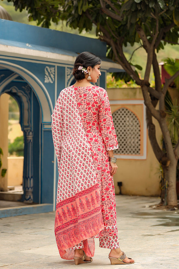  Women Cotton Pink Ethnic Motifs Printed Anarkali Kurta Trousers And Dupatta Set 