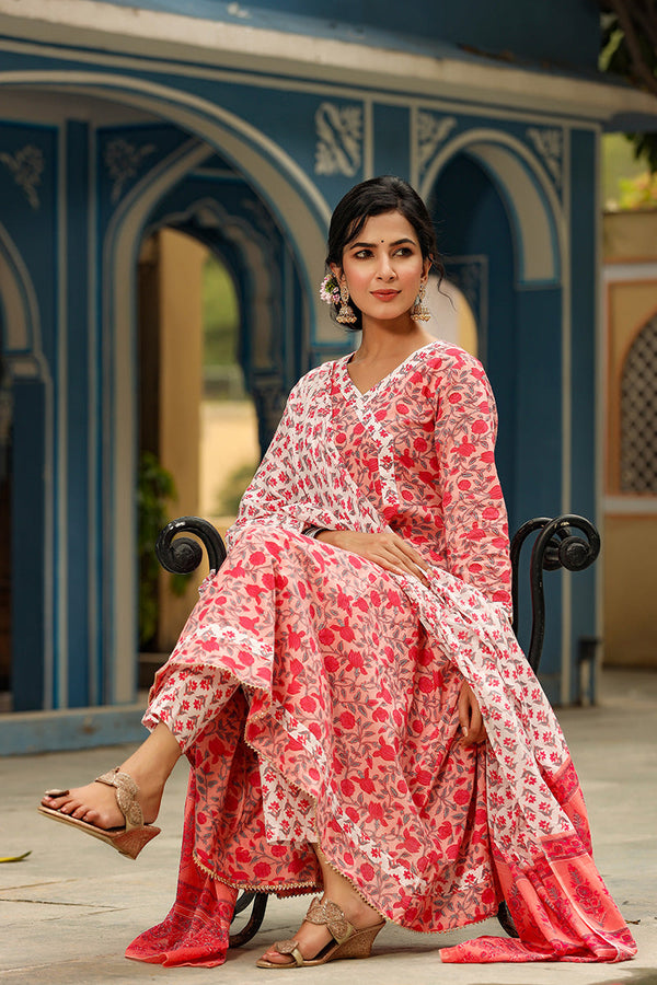  Women Cotton Pink Ethnic Motifs Printed Anarkali Kurta Trousers And Dupatta Set 
