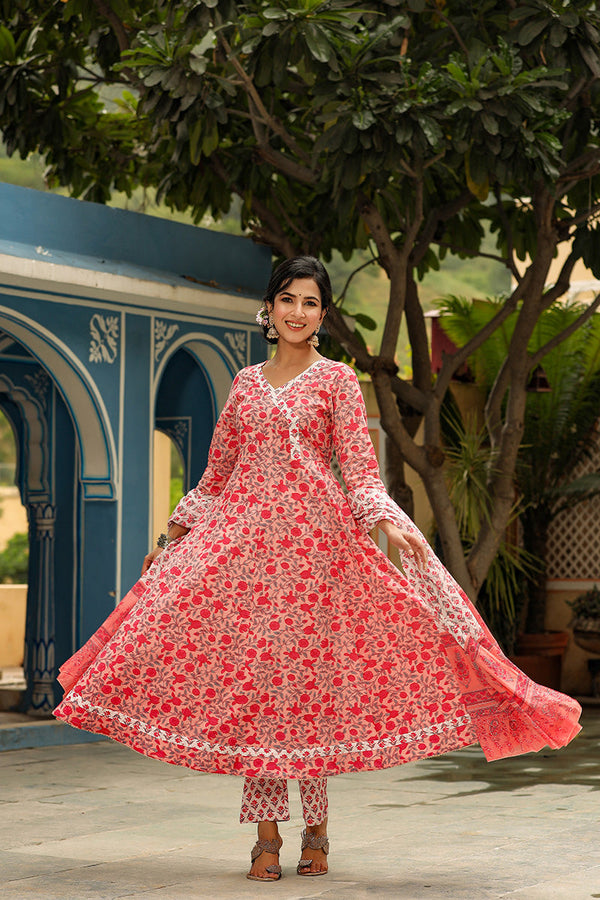  Women Cotton Pink Ethnic Motifs Printed Anarkali Kurta Trousers And Dupatta Set 