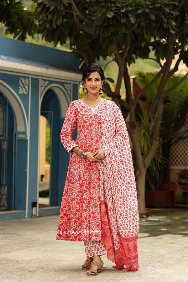  Women Cotton Pink Ethnic Motifs Printed Anarkali Kurta Trousers And Dupatta Set 