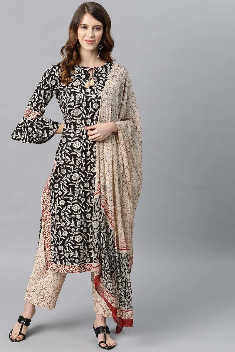  Women Cotton Black Ethnic Motifs Printed Straight Kurta Pant Dupatta Set 