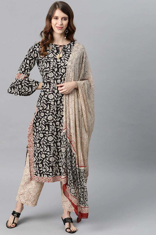  Women Cotton Black Ethnic Motifs Printed Straight Kurta Pant Dupatta Set 